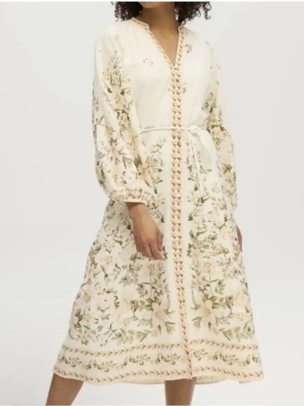Calypso St. Barth Cream Midi Dress with Green & Soft Yellow Floral Embroidery